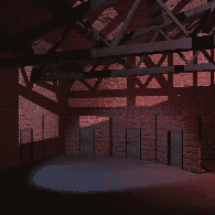 (A moody brickwall Warehouse interior, three doors in theater-like doorframes. one door on the left. Evening sunlight casts shadows of the metal beams into the warehouse)